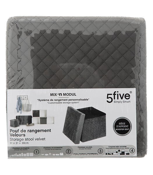 5 FIVE SIMPLY SMART - 2 en 1 Pouf et Coffre de rangement en velours Gris 31 x 31 cm - large