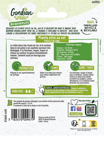GONDIAN - Graines de trèfle blanc Gondian - Fixateur d'azote - 0,5 kg - large