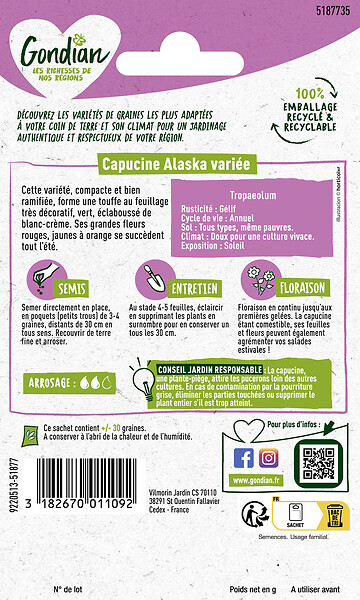 GONDIAN - Graines de capucine - Alaska Variée - 30 à 40cm - large