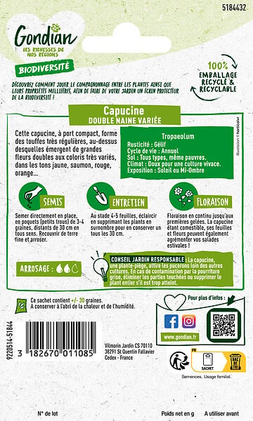 GONDIAN - Capucine Naine Double Variée - Graines en sachet - 5g - large