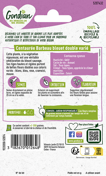 GONDIAN - Sachet de graines Centaurée Bleuet Double Varié - 2g - large