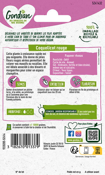 GONDIAN - Graines de Pavot Coquelicot Simple Rouge - Annuelle - 60cm - large