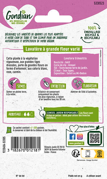 GONDIAN - Sachet de graines - Lavatère à Grande Fleur - Hauteur 100cm - large