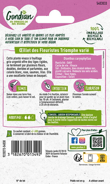 GONDIAN - Graines Oeillet des Fleuristes Triomphe Varié - Vivace - large