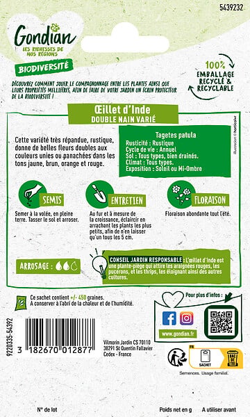 GONDIAN - Oeillet d'Inde double nain varié - Graines - 1.5 g - large