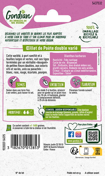 GONDIAN - Graines Oeillet de Poète Double Varié - Plante bisannuelle - large