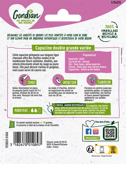 GONDIAN - Capucine Grande Variée - Plante grimpante - 3 m - large