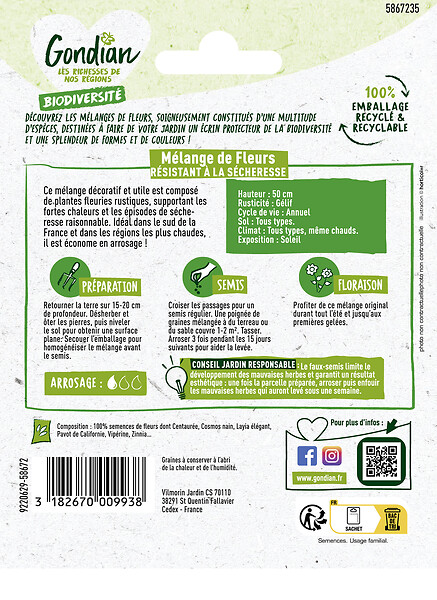 GONDIAN - Mélange fleurs terrain sec Gondian - Graines florales - 500g - large