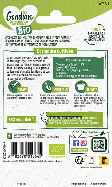 GONDIAN - Graines potagères bio - Coriandre cultivée - 0.5 kg - large