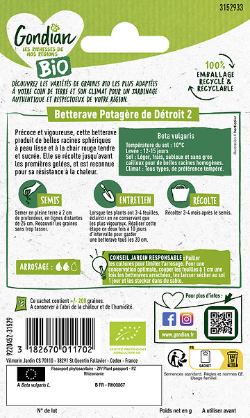 GONDIAN - Betterave potagère Détroit 2 Bio - Sphérique rouge - Précoce - large