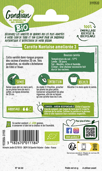 GONDIAN - Graines bio - Carotte Nantaise Améliorée 3 - 0.5 kg - large
