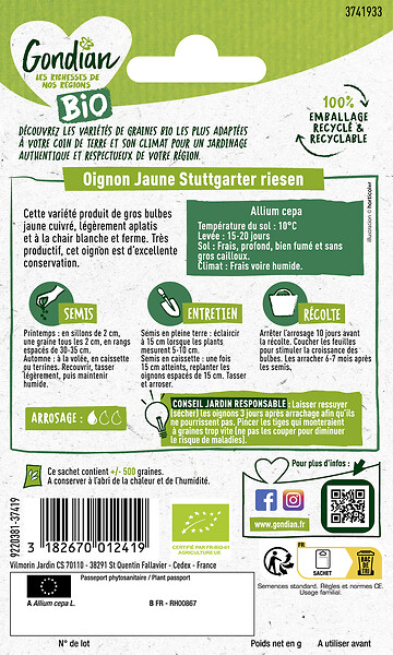 GONDIAN - Graines oignon Stuttgarter jaune cuivré Bio - large