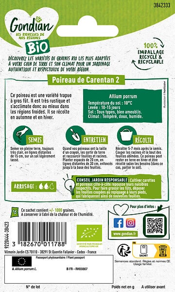 GONDIAN - Poireau de Carentan 2 Bio - Variété rustique à fût trapu - large