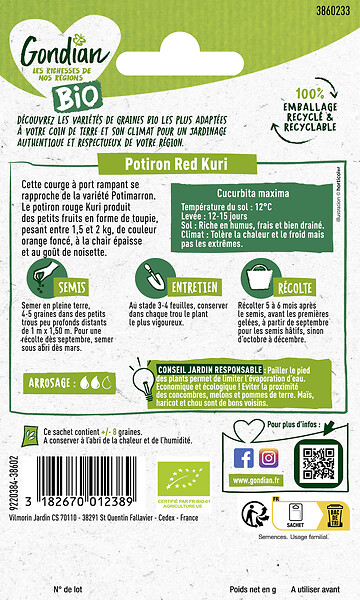 GONDIAN - Potimarron Uchiki Kuri Bio - Sachet de graines - 0,5 kg - large