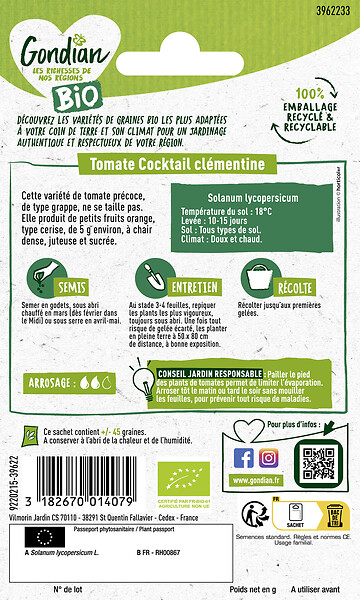 GONDIAN - Tomate Cocktail Clémentine Bio - Orange - 5g - large