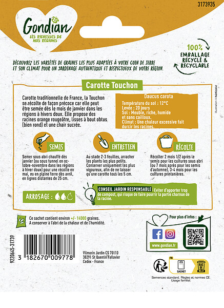 GONDIAN - Carotte Touchon - Semences potagères - Variété précoce - large