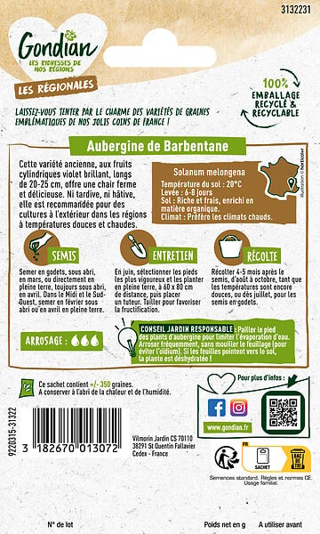 GONDIAN - Graines potagères - Aubergine de Barbentane Gondian - 1,5 g - large