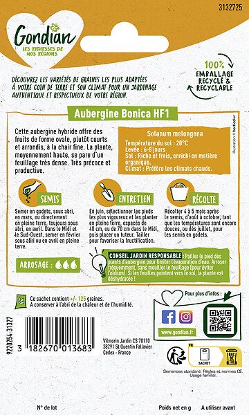 GONDIAN - Graine d'Aubergine Bonica HF1 - Précoce - large