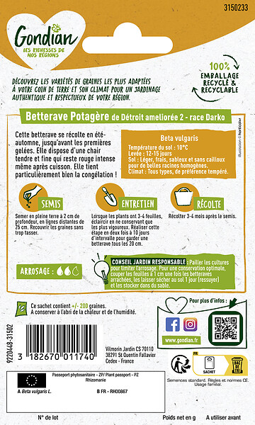 GONDIAN - Graines de betterave Détroit 2 Darko - récolte été-automne - large