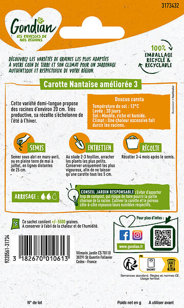GONDIAN - Graines de Carotte Nantaise Améliorée 3 - Demi-longue - Été - large