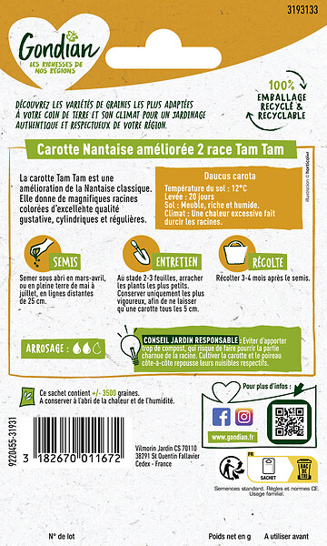 GONDIAN - Graines carotte Nantaise Améliorée 3 Tam Tam - 10 g - large
