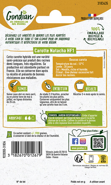 GONDIAN - Carotte semi-précoce - Graines reproductibles - Sachet - large