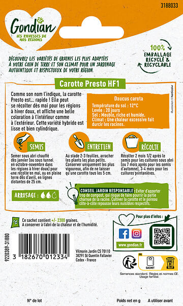 GONDIAN - Semences de carotte Presto HF1 - 2.5 g - large