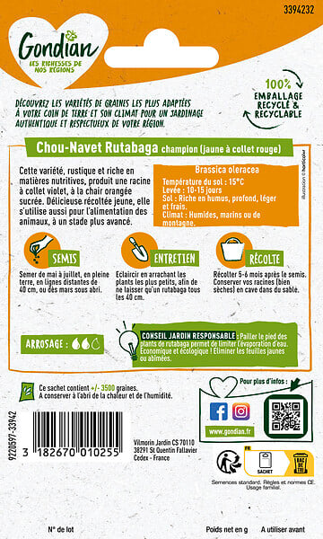 GONDIAN - Graines potagères - Rutabaga Chou-Navet Champion - Jaune à collet rouge - large