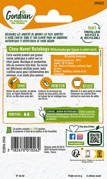 GONDIAN - Graines rutabaga - Wilhelmsburger Jaune - Sachet Gondian - large