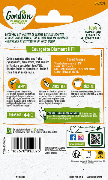 GONDIAN - Graines de Courgette Diamant HF1 - Vert - Hybride F1 - large