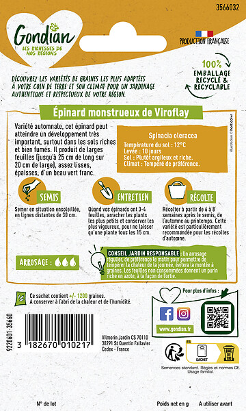 GONDIAN - Graines d'épinard Monstrueux de Viroflay - Feuilles 25cm - large