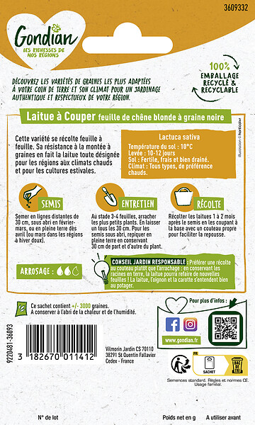 GONDIAN - Graine Laitue Feuille de Chêne Blonde - Résistante montaison - large