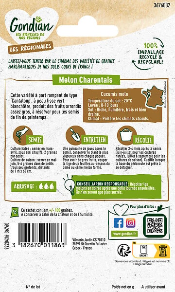 GONDIAN - Graines de melon Charentais - Cantaloup - Variété rampante - large