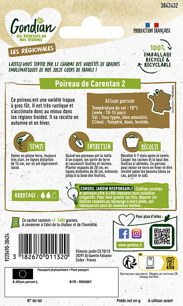 GONDIAN - Poireau de Carentan 2 - Variété rustique - Sachet de graines - large