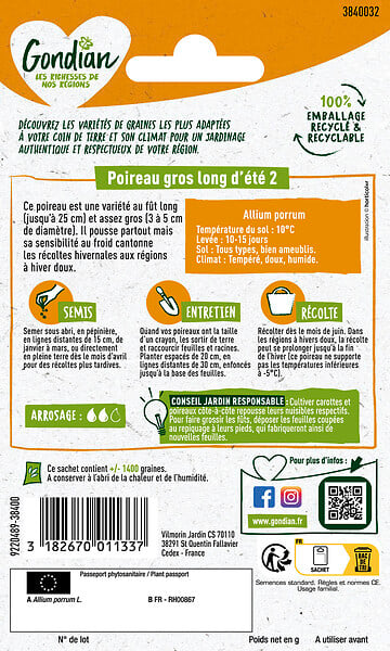 GONDIAN - Poireau Gros Long d'Été 2 - Graines - Longueur 25cm - large