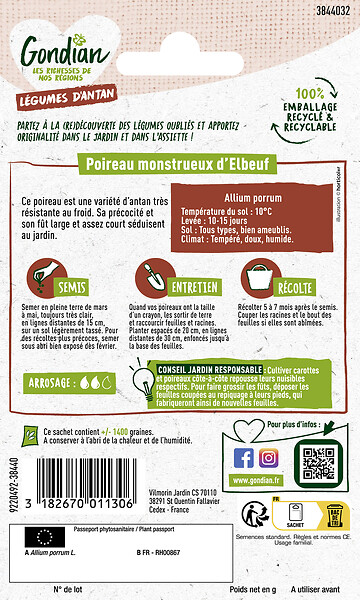 GONDIAN - Poireau Monstrueux d'Elbeuf - Graines - Variété ancienne - large