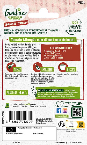 GONDIAN - Graines tomate Cœur de Bœuf Cuor di Bue - Fruits 400 g - large
