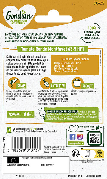 GONDIAN - Graines de tomate Montfavet 63-5 HF1 - Sachet 0,3g - large