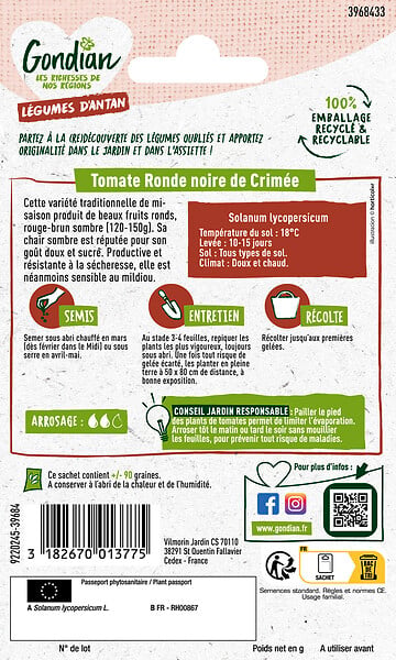 GONDIAN - Graines de tomate Noire de Crimée - Variété - Goût sucré - large