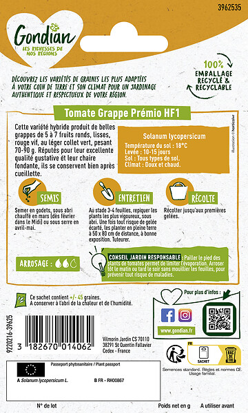 GONDIAN - Graine de tomate Premio HF1 - Variété hybride F1 - large