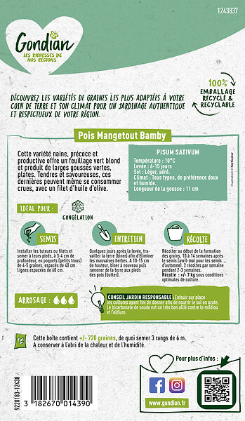 GONDIAN - Graines de Pois mangetout nain Bamby Gondian - 200g - large