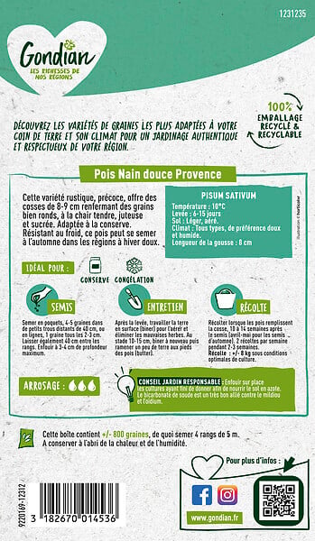 GONDIAN - Graines de Pois à écosser Douce Provence - Nain - 40cm - large