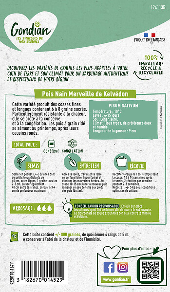 GONDIAN - Graines de pois Merveille de Kelvédon - 250 g - large