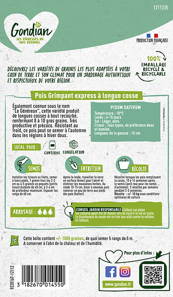 GONDIAN - Pois Express à Longue Cosse Gondian - 8 à 10 grains par cosse - large