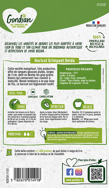 GONDIAN - Graines de haricot Helda - Mangetout grimpant - 180 g - large