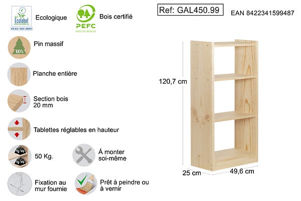 ASTIGARRAGA KIT LINE - Bibliothèque Gala - Pin massif - 4 tablettes - L49,6xH120,7xP25cm - large