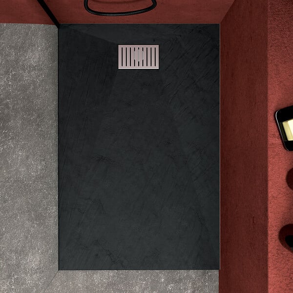 AURLANE - Receveur de douche Noir Effet Pierre 80x120 cm et Grille décor Linéaire en Inox - large