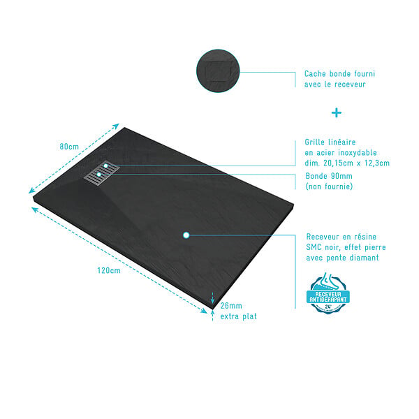 AURLANE - Receveur de douche Noir Effet Pierre 80x120 cm et Grille décor Linéaire en Inox - large