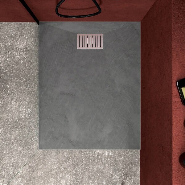 AURLANE - Receveur de douche Gris Effet Pierre 80x100 cm et Grille décor Linéaire en Inox - large
