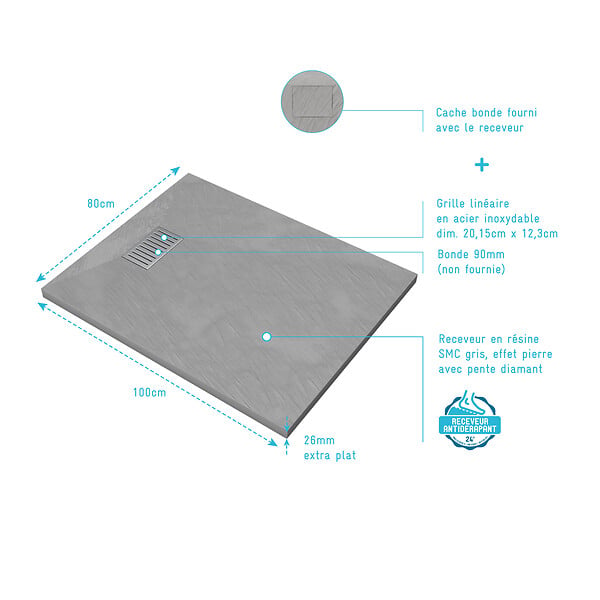 AURLANE - Receveur de douche Gris Effet Pierre 80x100 cm et Grille décor Linéaire en Inox - large